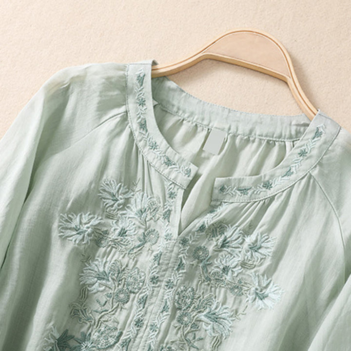 Camicia da donna in cotone e lino con maniche a tre quarti e ricamo Buddha Stones