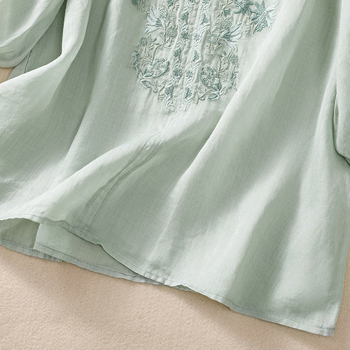 Camicia da donna in cotone e lino con maniche a tre quarti e ricamo Buddha Stones