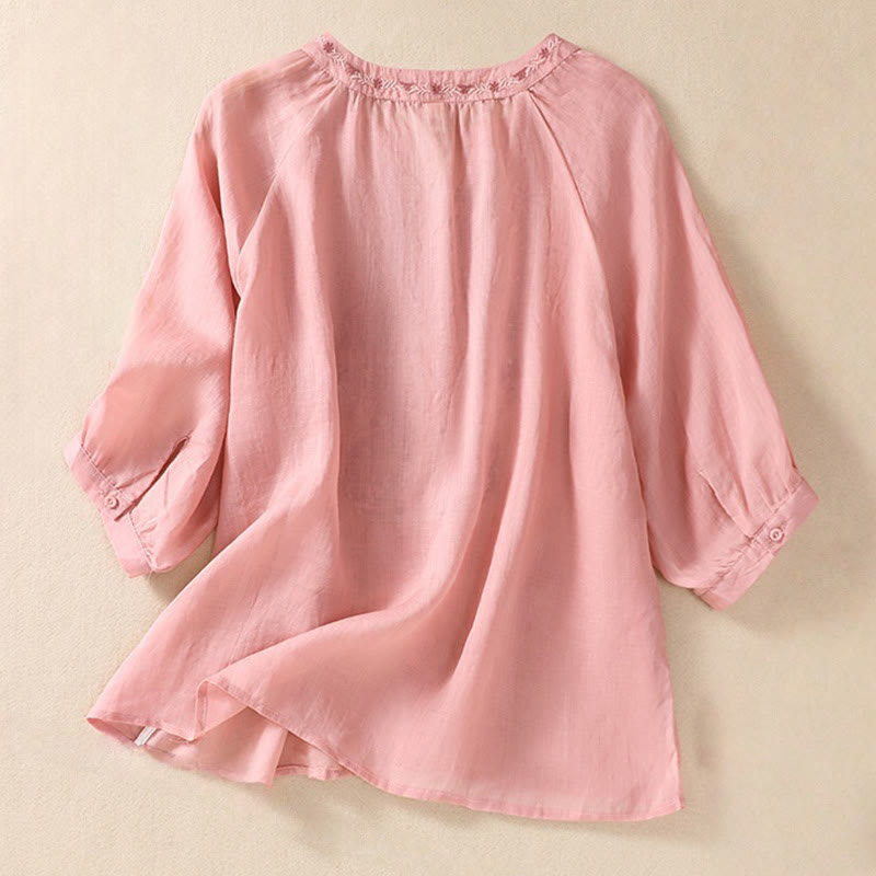 Camicia da donna in cotone e lino con maniche a tre quarti e ricamo Buddha Stones