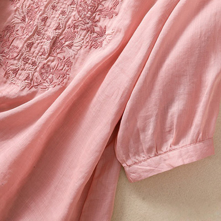 Camicia da donna in cotone e lino con maniche a tre quarti e ricamo Buddha Stones