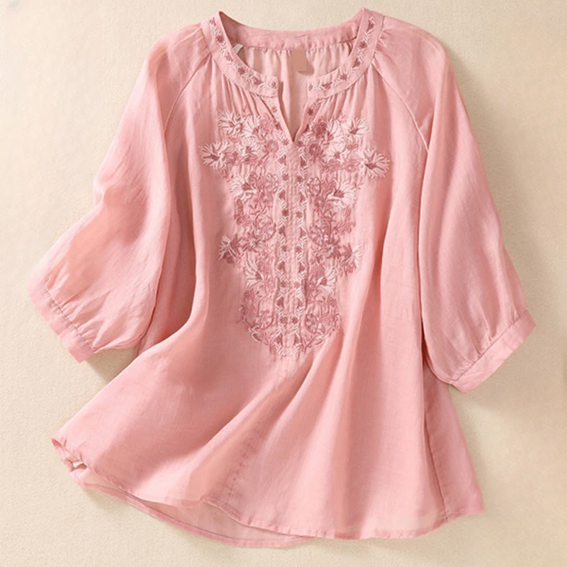 Camicia da donna in cotone e lino con maniche a tre quarti e ricamo Buddha Stones