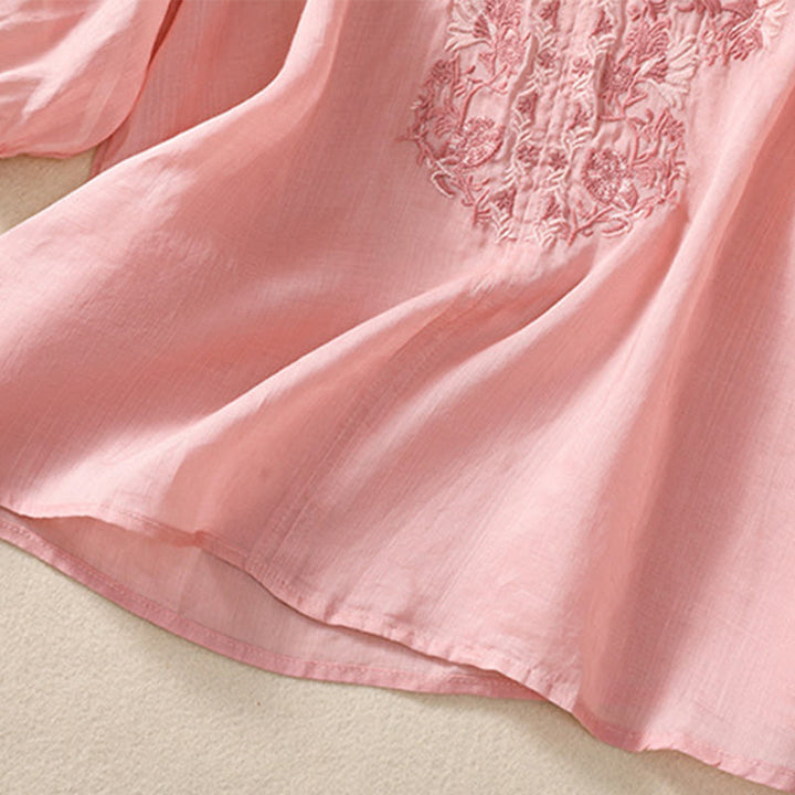 Camicia da donna in cotone e lino con maniche a tre quarti e ricamo Buddha Stones