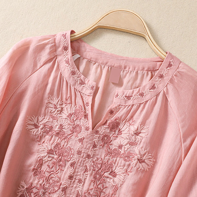 Camicia da donna in cotone e lino con maniche a tre quarti e ricamo Buddha Stones