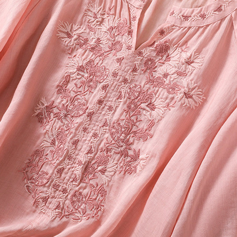 Camicia da donna in cotone e lino con maniche a tre quarti e ricamo Buddha Stones