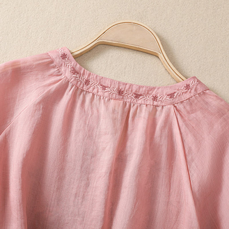 Camicia da donna in cotone e lino con maniche a tre quarti e ricamo Buddha Stones