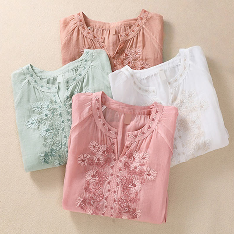 Camicia da donna in cotone e lino con maniche a tre quarti e ricamo Buddha Stones