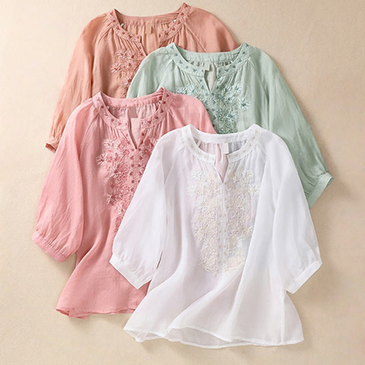 Camicia da donna in cotone e lino con maniche a tre quarti e ricamo Buddha Stones