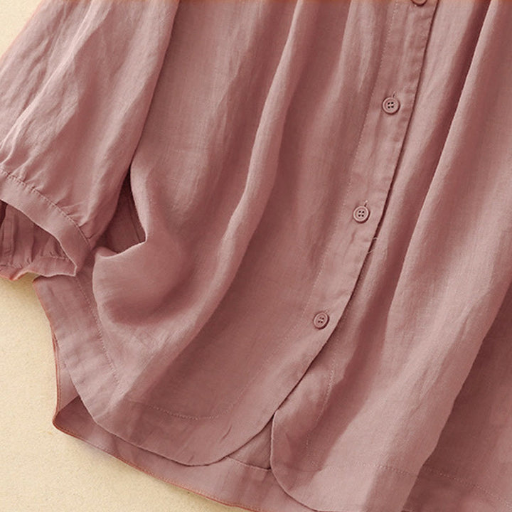 Camicia da donna in misto cotone con maniche a tre quarti e scollo rotondo con bottoni semplici e motivo Buddha Stones - image 9