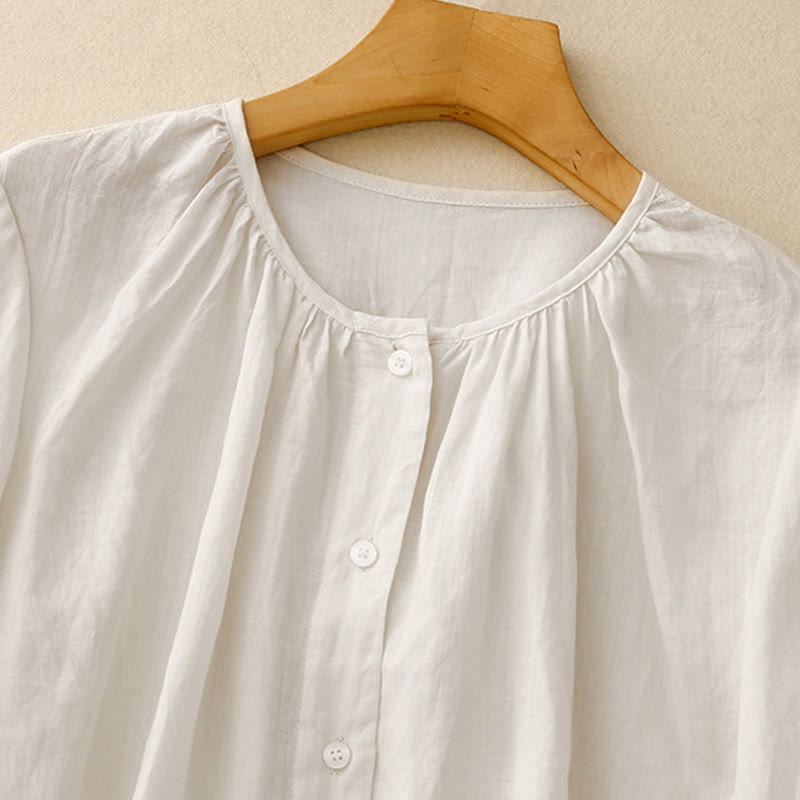 Camicia da donna in misto cotone con maniche a tre quarti e scollo rotondo con bottoni semplici e motivo Buddha Stones - image 12