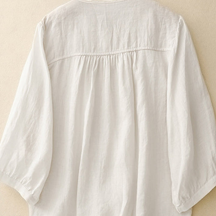 Camicia da donna in misto cotone con maniche a tre quarti e scollo rotondo con bottoni semplici e motivo Buddha Stones - image 17
