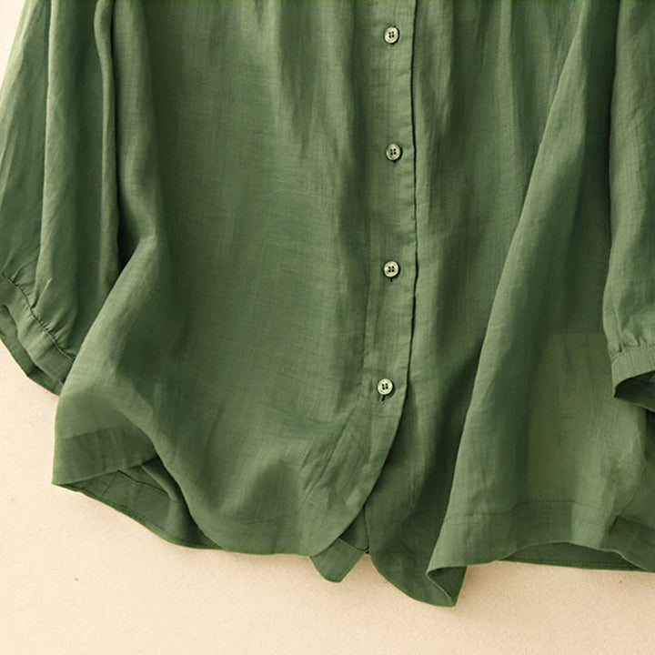 Camicia da donna in misto cotone con maniche a tre quarti e scollo rotondo con bottoni semplici e motivo Buddha Stones - image 25