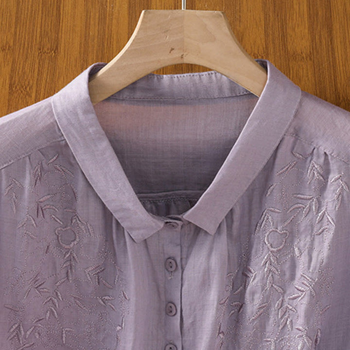 Camicia da donna in cotone a maniche corte con colletto rialzato, bottoni frontali ricamati con Buddha Stones