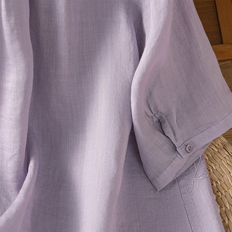 Camicia da donna in cotone a maniche corte con colletto rialzato, bottoni frontali ricamati con Buddha Stones