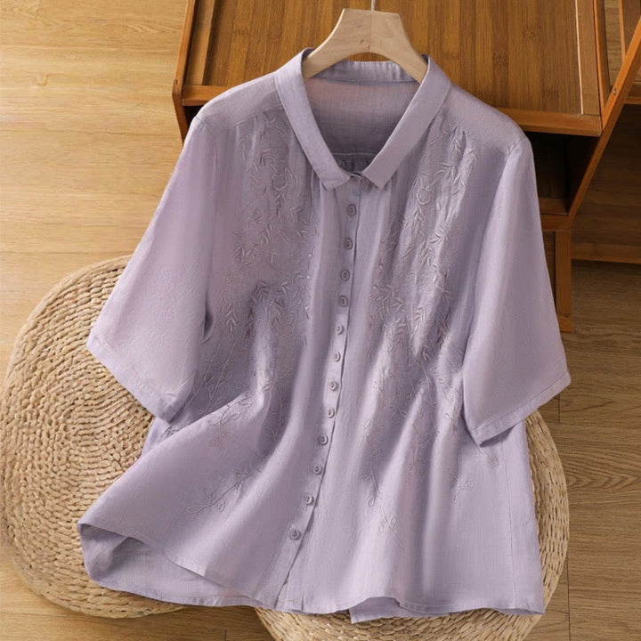 Camicia da donna in cotone a maniche corte con colletto rialzato, bottoni frontali ricamati con Buddha Stones