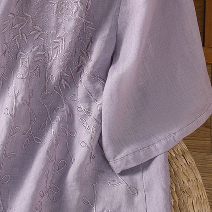 Camicia da donna in cotone a maniche corte con colletto rialzato, bottoni frontali ricamati con Buddha Stones