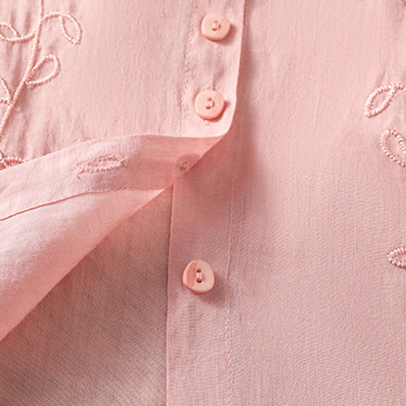 Camicia da donna in cotone a maniche corte con colletto rialzato, bottoni frontali ricamati con Buddha Stones