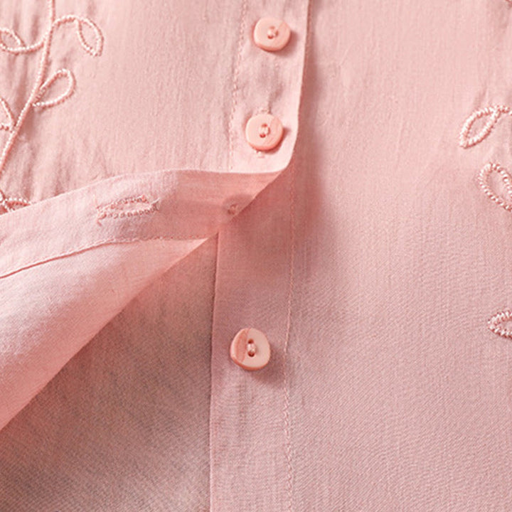Camicia da donna in cotone a maniche corte con colletto rialzato, bottoni frontali ricamati con Buddha Stones