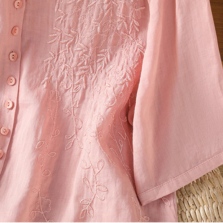 Camicia da donna in cotone a maniche corte con colletto rialzato, bottoni frontali ricamati con Buddha Stones
