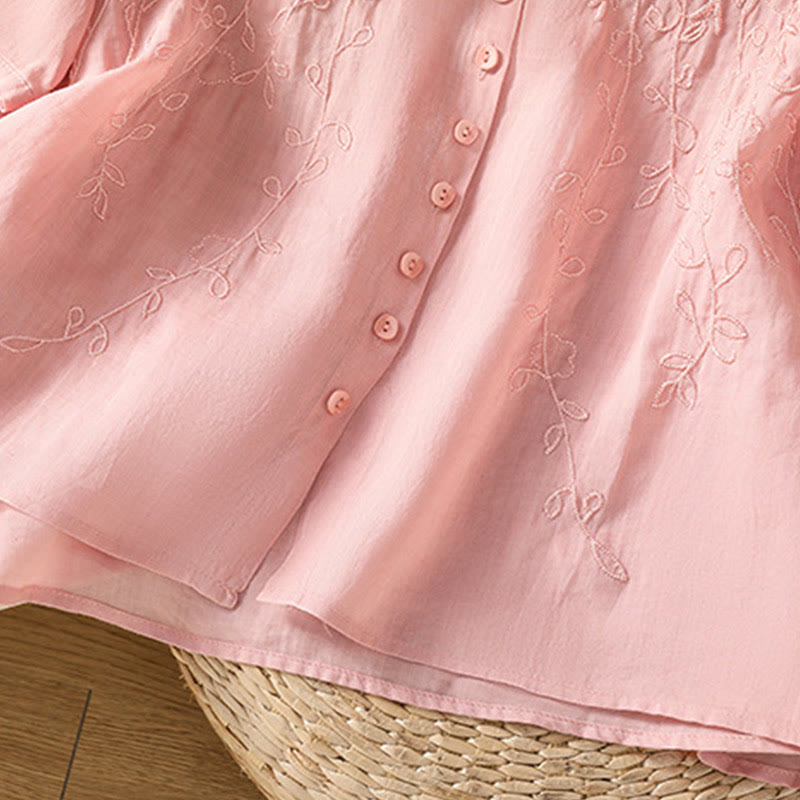 Camicia da donna in cotone a maniche corte con colletto rialzato, bottoni frontali ricamati con Buddha Stones