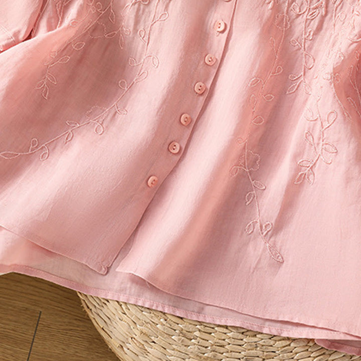 Camicia da donna in cotone a maniche corte con colletto rialzato, bottoni frontali ricamati con Buddha Stones