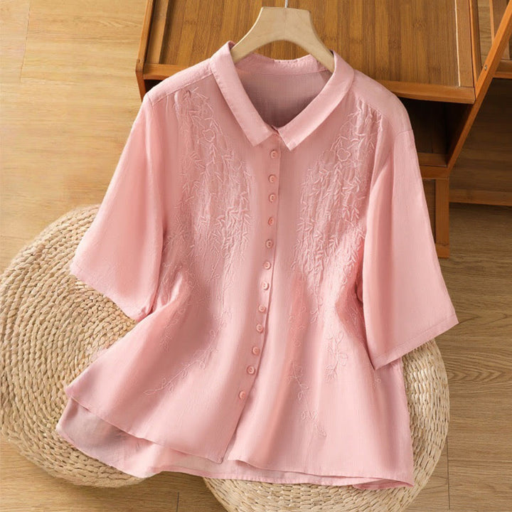 Camicia da donna in cotone a maniche corte con colletto rialzato, bottoni frontali ricamati con Buddha Stones
