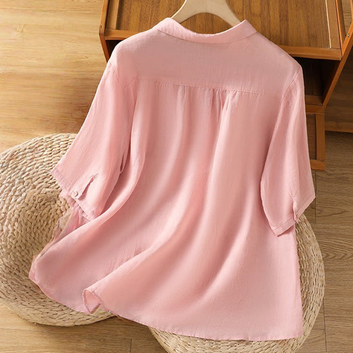 Camicia da donna in cotone a maniche corte con colletto rialzato, bottoni frontali ricamati con Buddha Stones