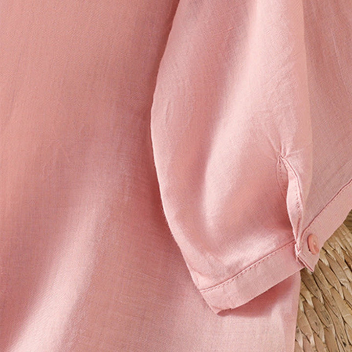 Camicia da donna in cotone a maniche corte con colletto rialzato, bottoni frontali ricamati con Buddha Stones