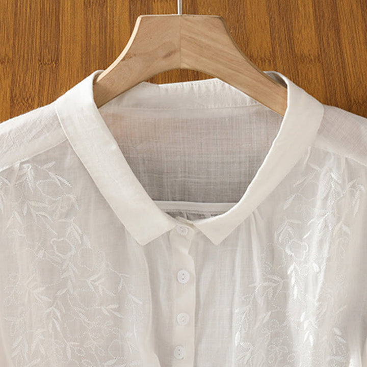 Camicia da donna in cotone a maniche corte con colletto rialzato, bottoni frontali ricamati con Buddha Stones