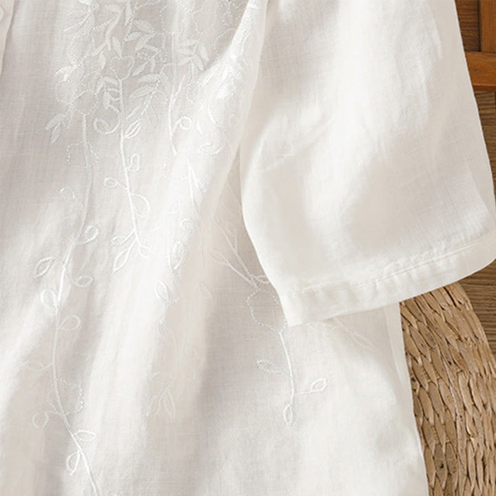 Camicia da donna in cotone a maniche corte con colletto rialzato, bottoni frontali ricamati con Buddha Stones