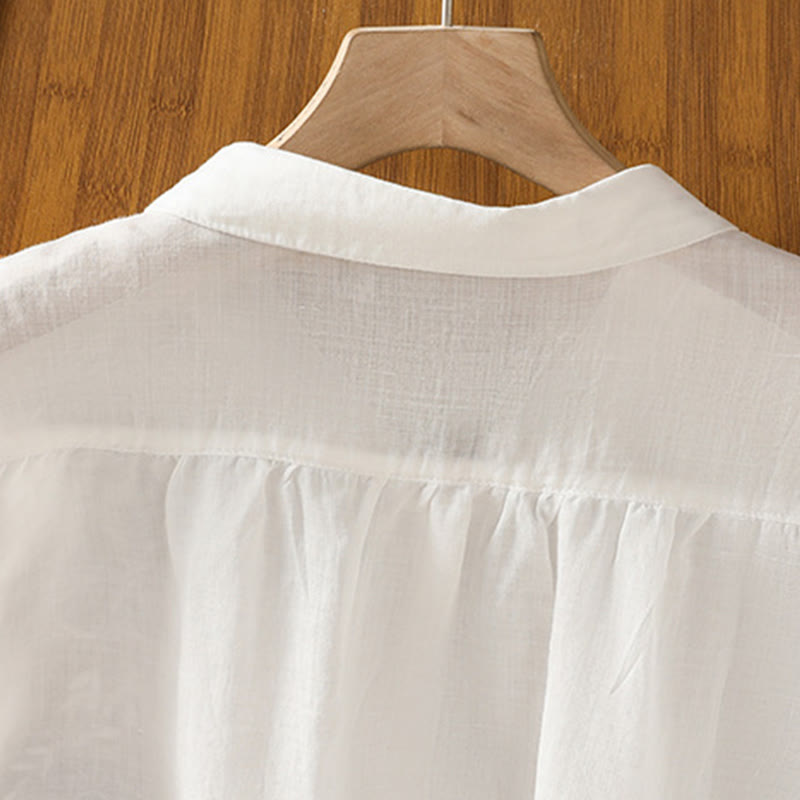 Camicia da donna in cotone a maniche corte con colletto rialzato, bottoni frontali ricamati con Buddha Stones