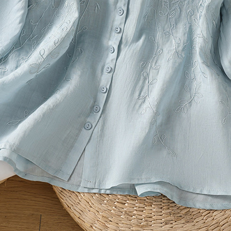 Camicia da donna in cotone a maniche corte con colletto rialzato, bottoni frontali ricamati con Buddha Stones
