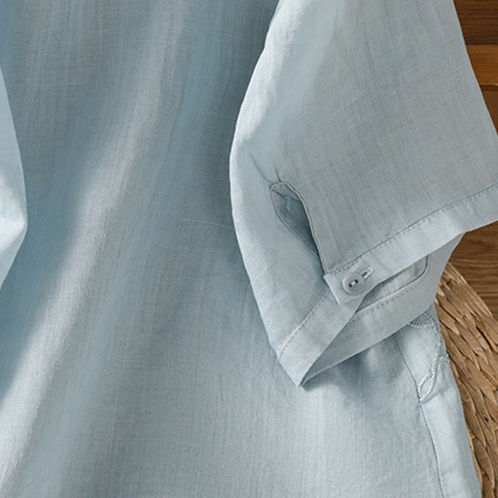 Camicia da donna in cotone a maniche corte con colletto rialzato, bottoni frontali ricamati con Buddha Stones