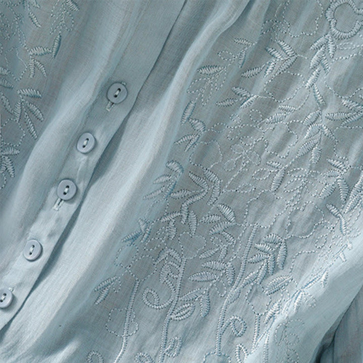 Camicia da donna in cotone a maniche corte con colletto rialzato, bottoni frontali ricamati Buddha Stones - image 30