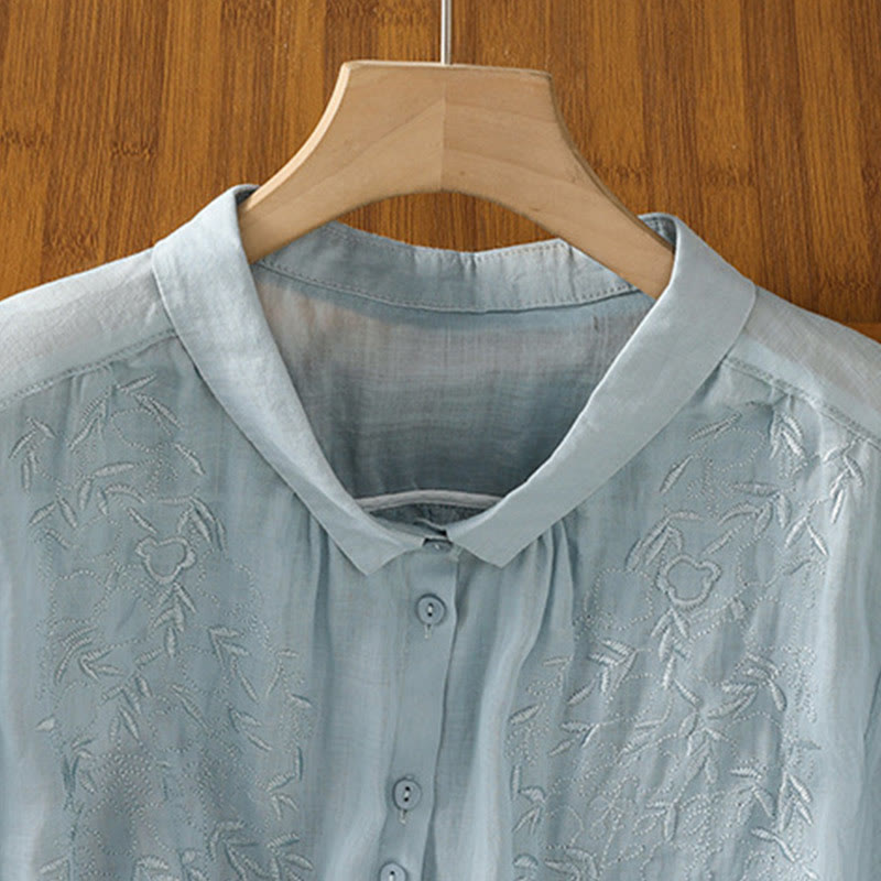Camicia da donna in cotone a maniche corte con colletto rialzato, bottoni frontali ricamati con Buddha Stones