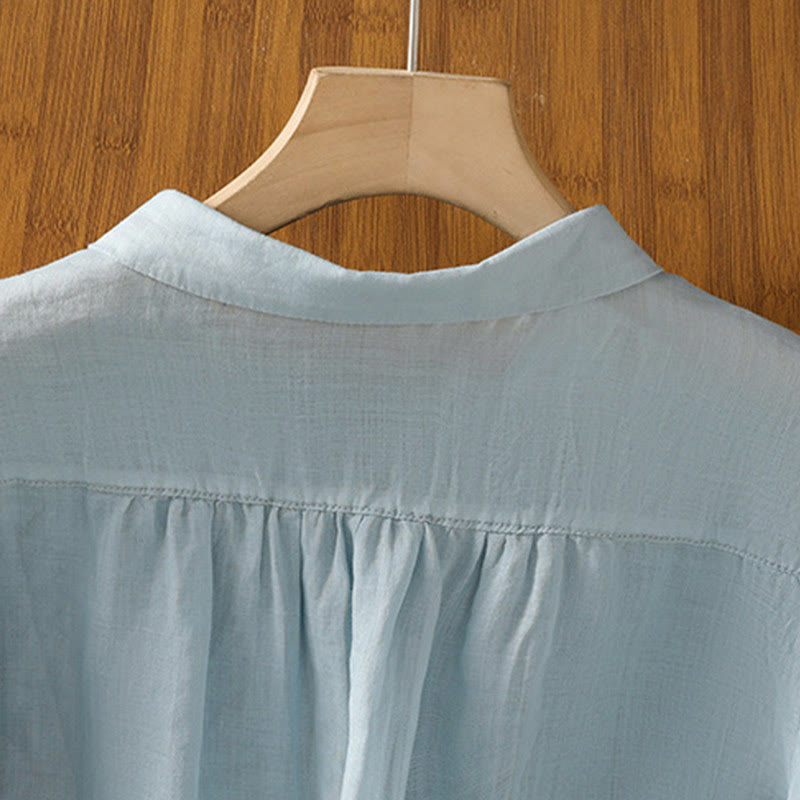 Camicia da donna in cotone a maniche corte con colletto rialzato, bottoni frontali ricamati con Buddha Stones