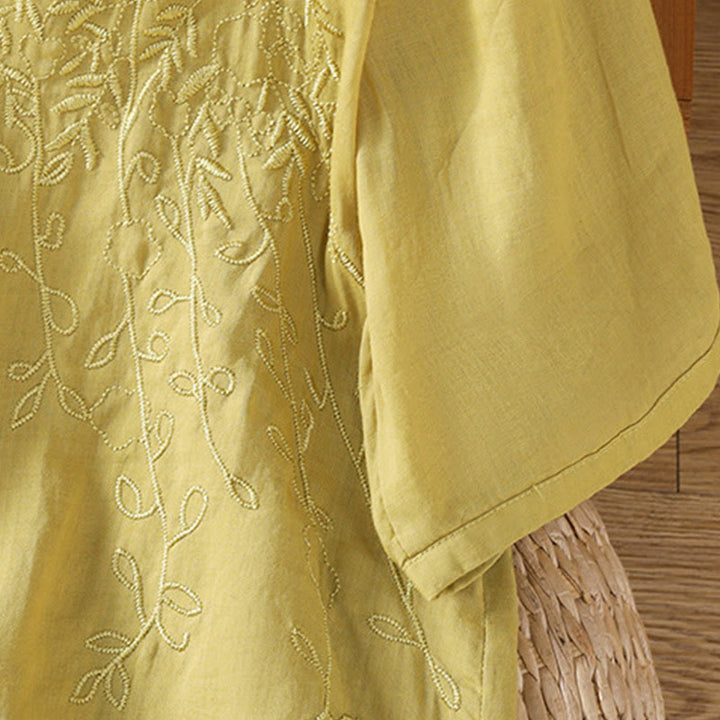 Camicia da donna in cotone a maniche corte con colletto rialzato, bottoni frontali ricamati con Buddha Stones