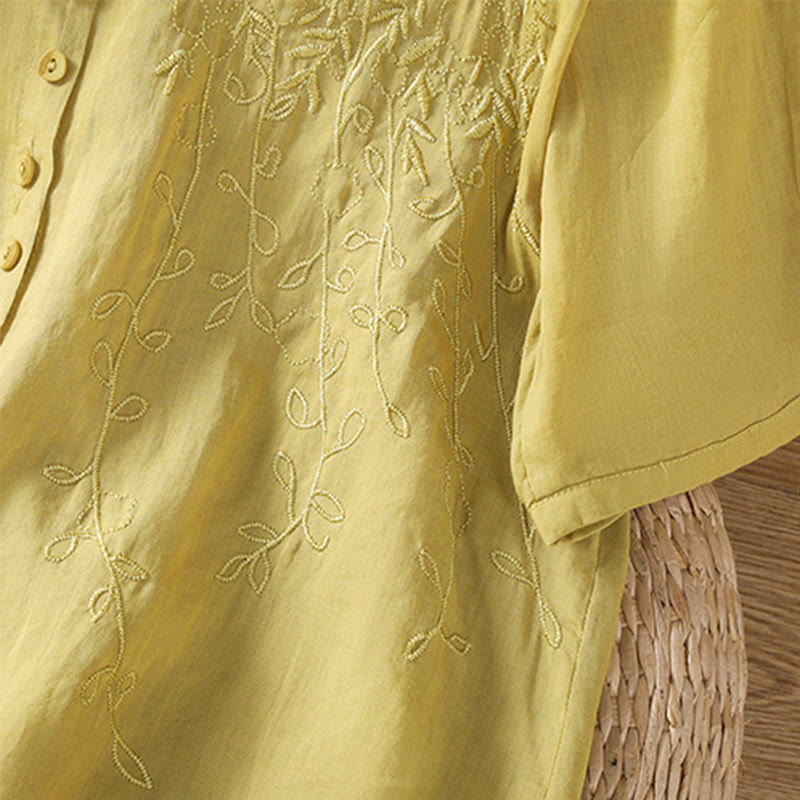 Camicia da donna in cotone a maniche corte con colletto rialzato, bottoni frontali ricamati con Buddha Stones