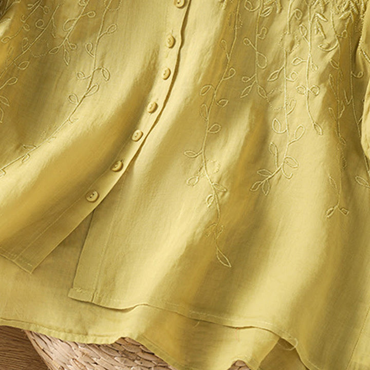 Camicia da donna in cotone a maniche corte con colletto rialzato, bottoni frontali ricamati Buddha Stones - image 36