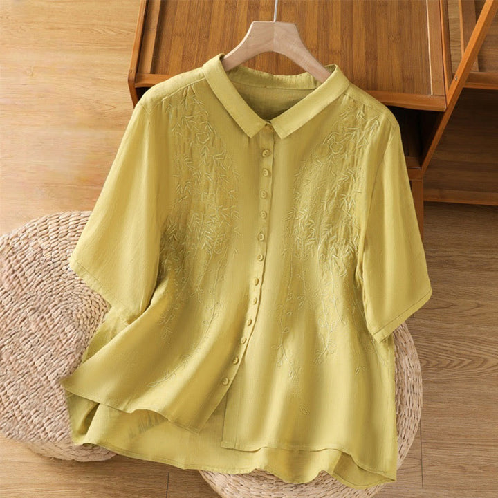 Camicia da donna in cotone a maniche corte con colletto rialzato, bottoni frontali ricamati con Buddha Stones