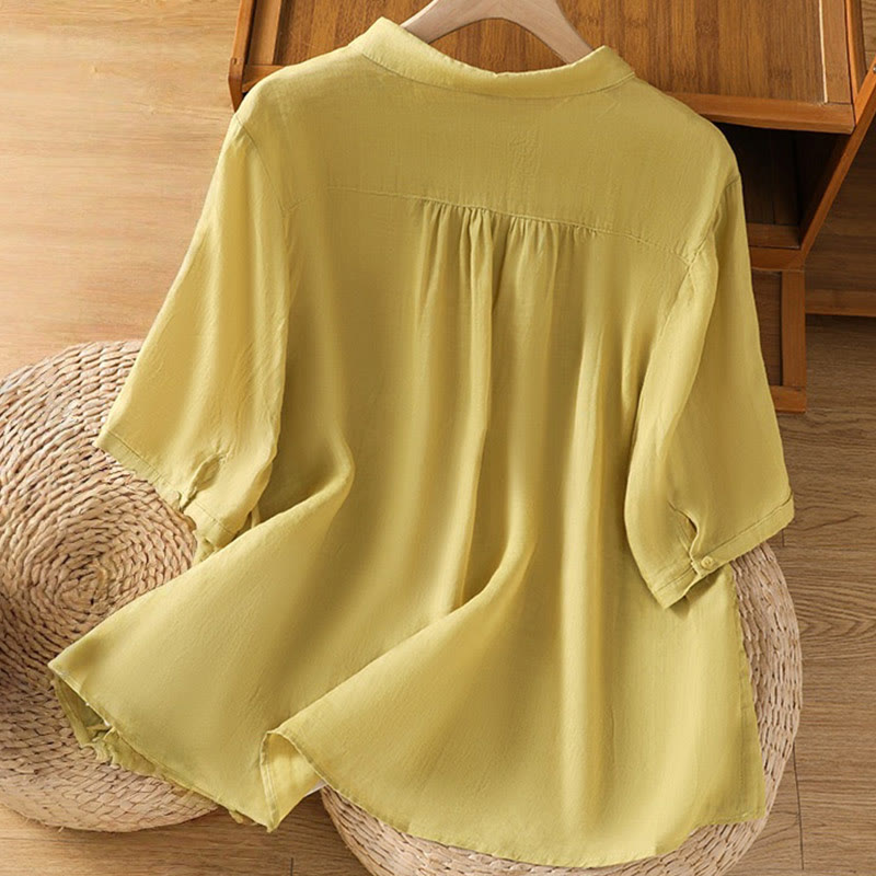 Camicia da donna in cotone a maniche corte con colletto rialzato, bottoni frontali ricamati con Buddha Stones