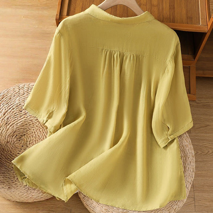 Camicia da donna in cotone a maniche corte con colletto rialzato, bottoni frontali ricamati con Buddha Stones