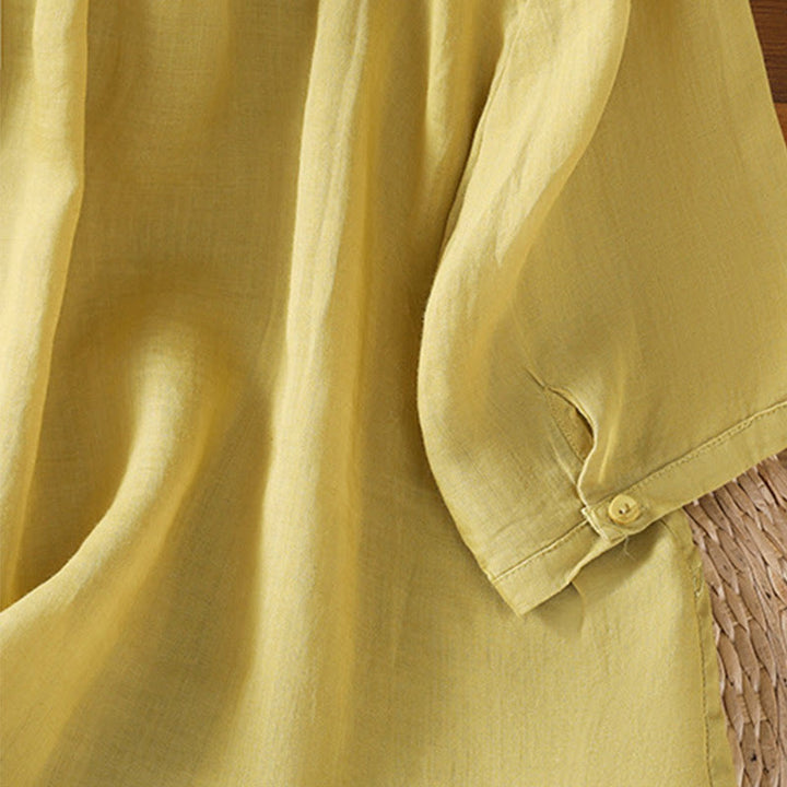 Camicia da donna in cotone a maniche corte con colletto rialzato, bottoni frontali ricamati con Buddha Stones