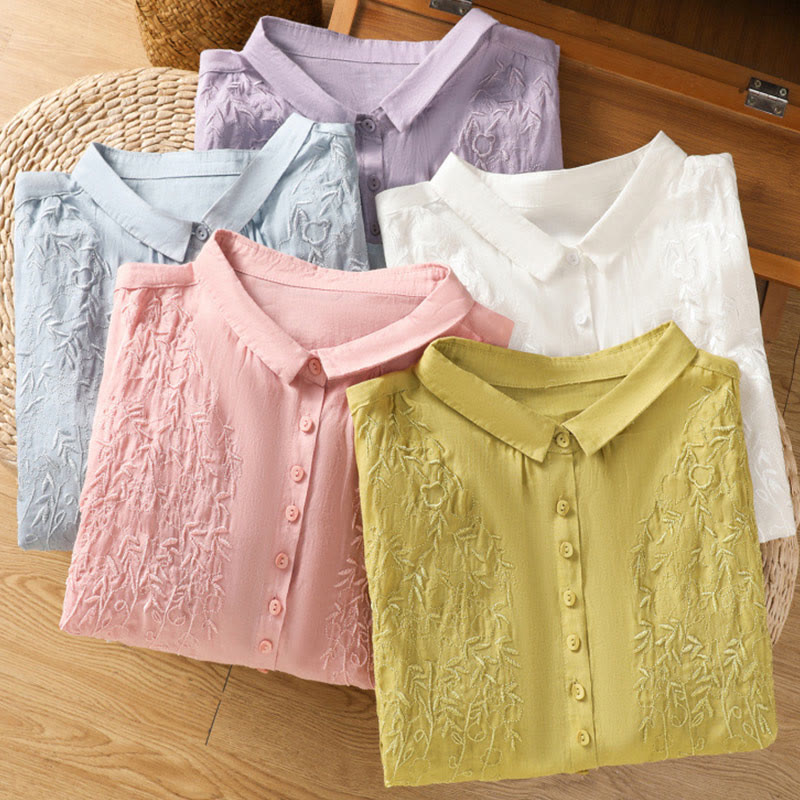 Camicia da donna in cotone a maniche corte con colletto rialzato, bottoni frontali ricamati con Buddha Stones