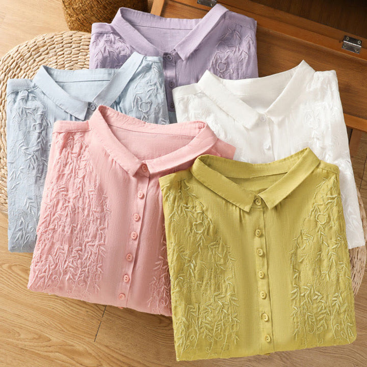 Camicia da donna in cotone a maniche corte con colletto rialzato, bottoni frontali ricamati con Buddha Stones