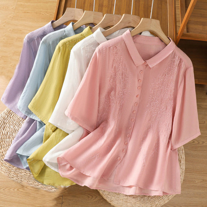 Camicia da donna in cotone a maniche corte con colletto rialzato, bottoni frontali ricamati con Buddha Stones