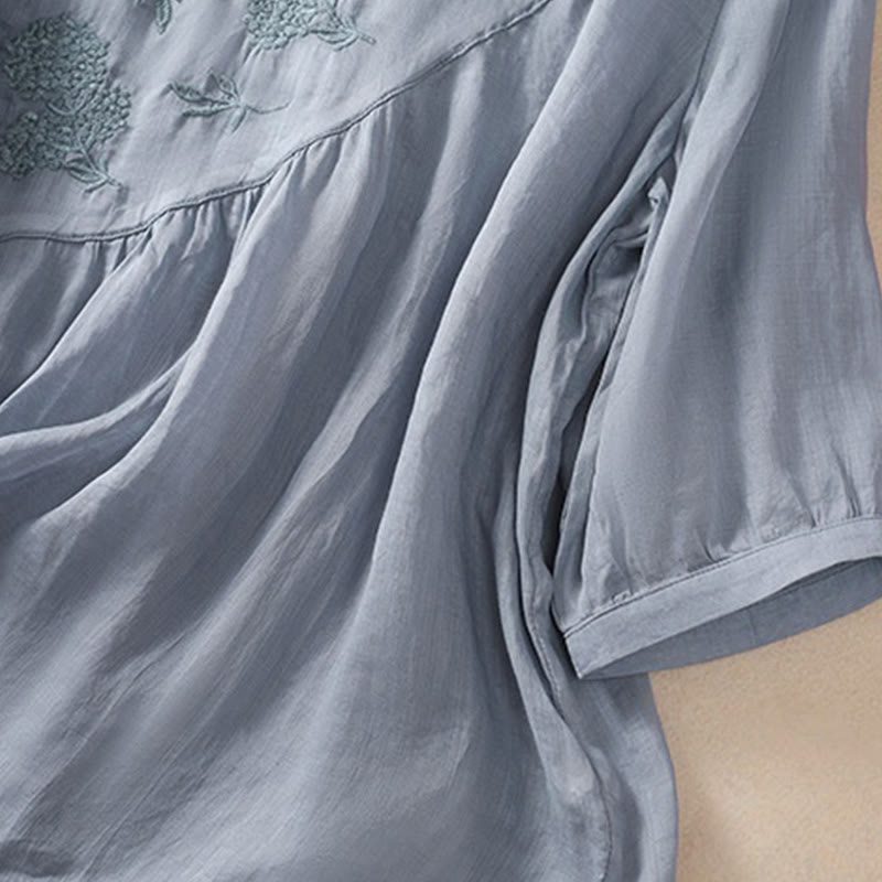 Camicia da donna in cotone e lino a maniche corte con scollo a giro e fiori ricamati con Buddha Stones