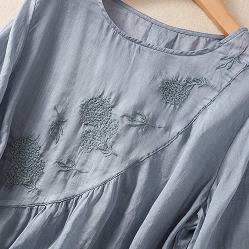 Camicia da donna in cotone e lino a maniche corte con scollo a giro e fiori ricamati con Buddha Stones