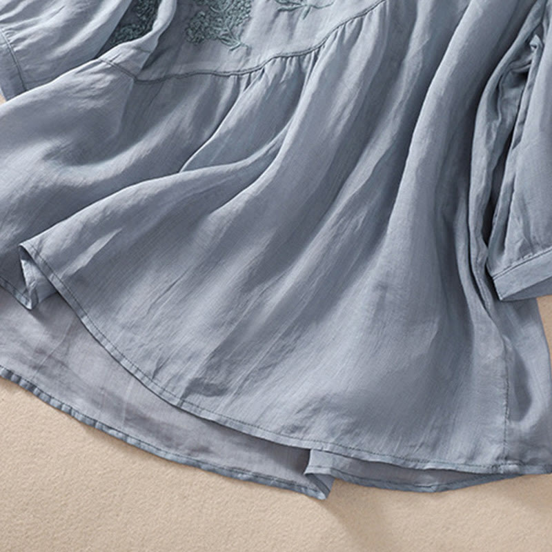 Camicia da donna in cotone e lino a maniche corte con scollo a giro e fiori ricamati con Buddha Stones