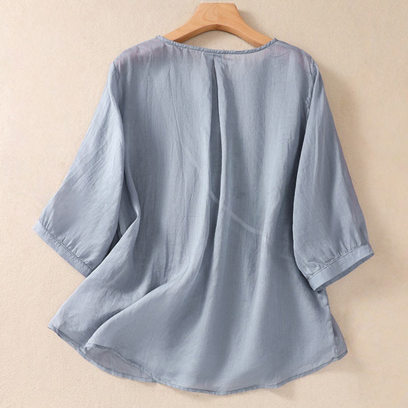 Camicia da donna in cotone e lino a maniche corte con scollo a giro e fiori ricamati con Buddha Stones