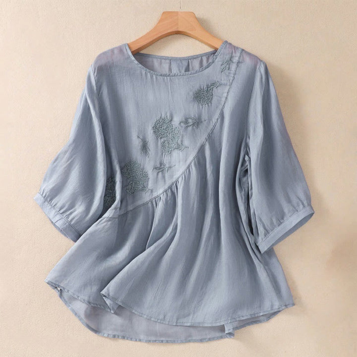 Camicia da donna in cotone e lino a maniche corte con scollo a giro e fiori ricamati con Buddha Stones